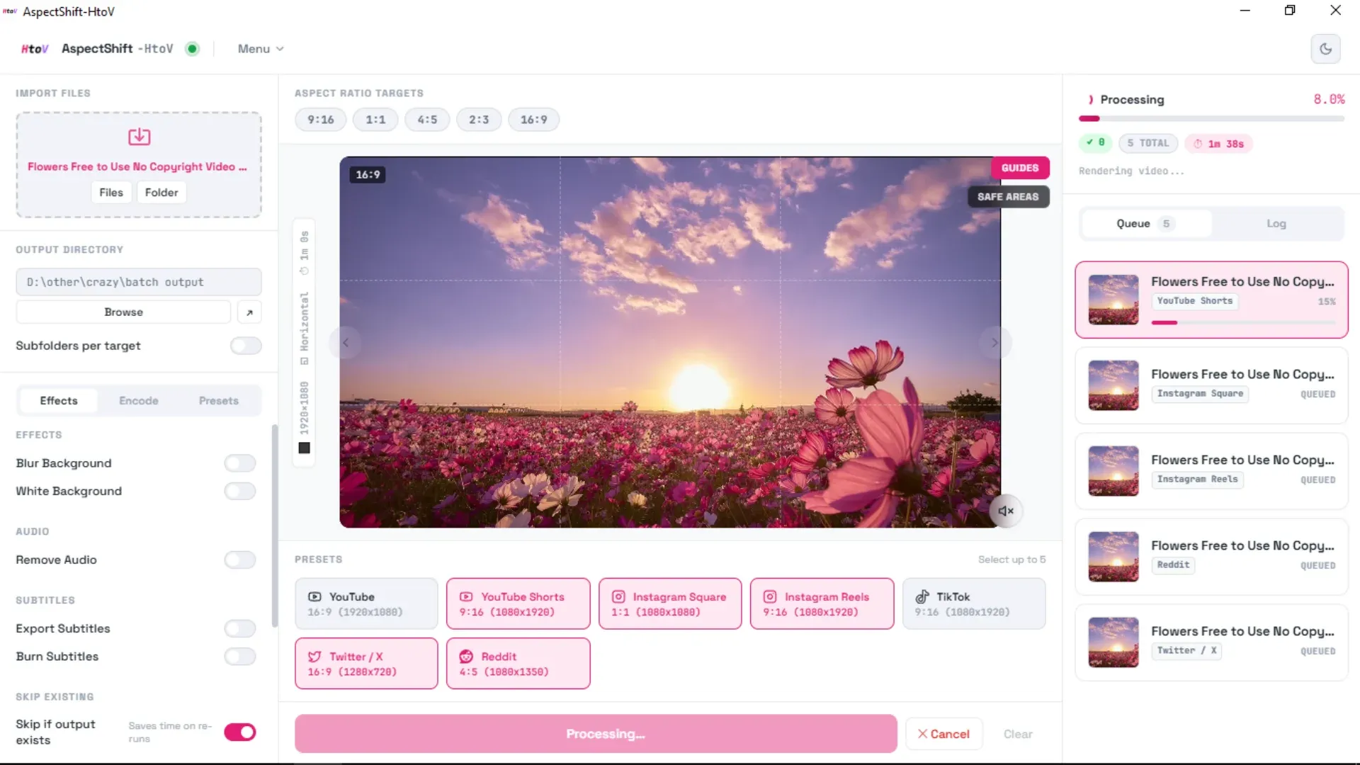 Multiple social media output formats created from one video
